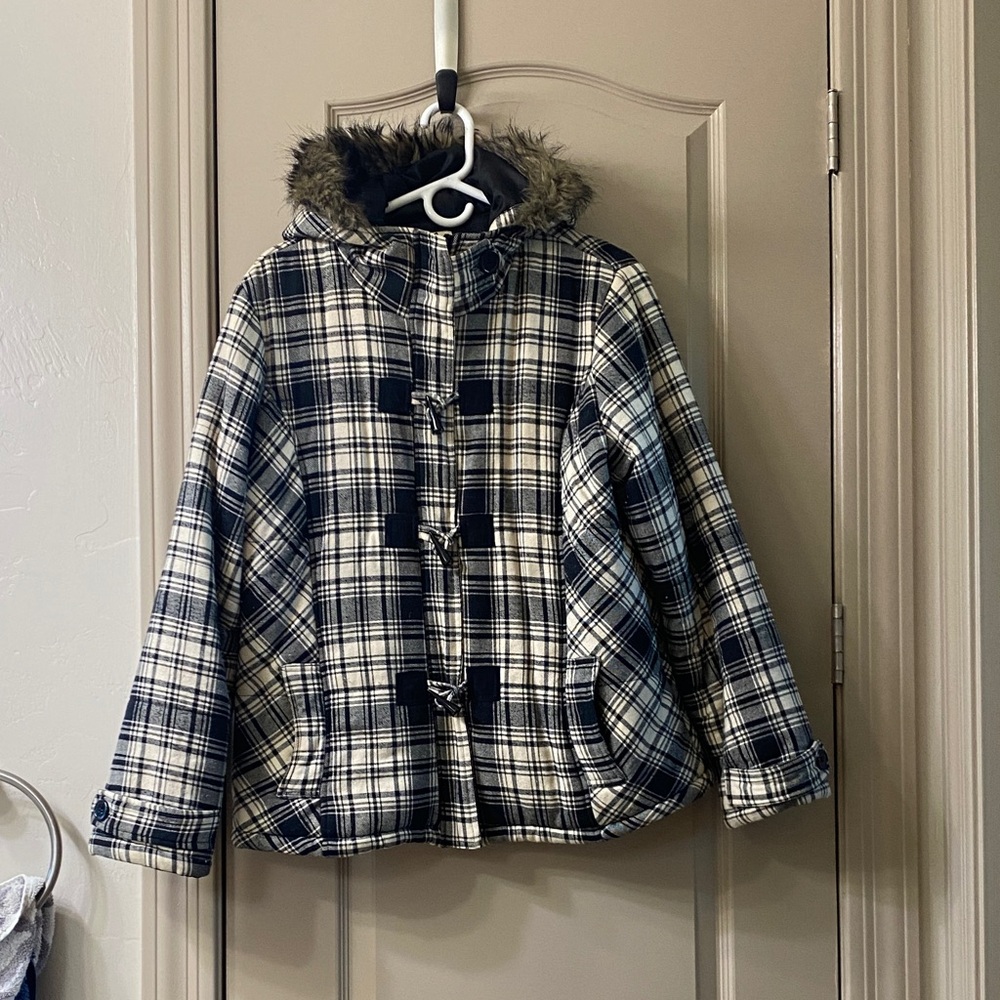 Cato Black and White Plaid Pea Coat with Faux Fur Hood